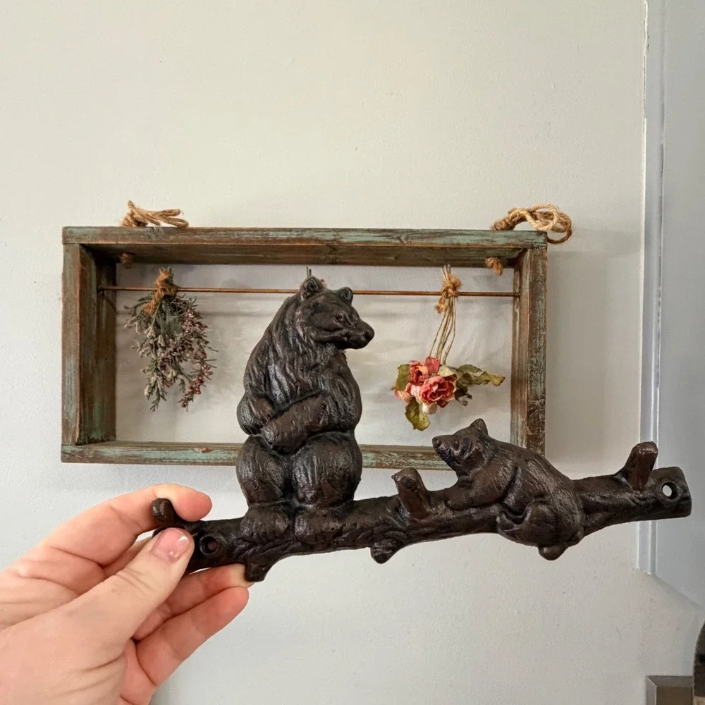 Bear and Cub Metal Cast Iron Wall Hook Rustic Cabin Lodge Decor (3 hooks)